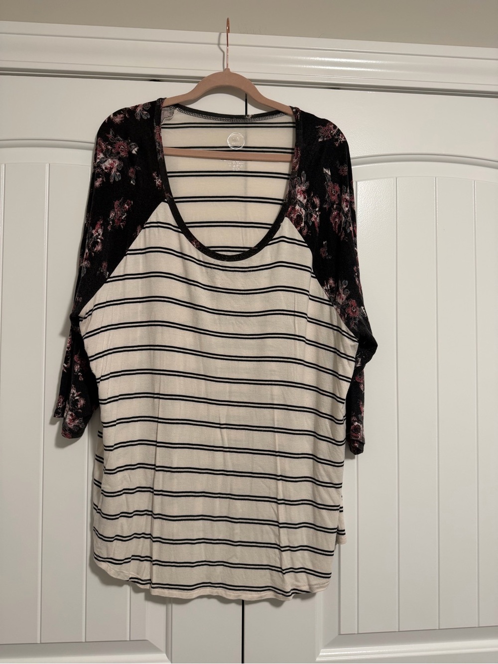 Maurices Cream and Black Striped Raglan Top with Floral Sleeves